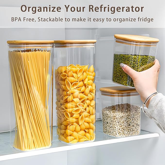 Square Storage Containers with Lids, Clear Food Storage Container Jar with Sealing Bamboo Lid for Noodles Flour Cereal Rice Sugar Tea Coffee Beans