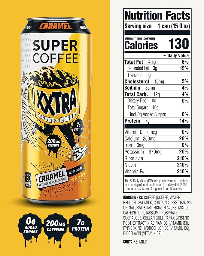 Super Coffee XXTRA, Keto Protein Coffee (0g Added Sugar, 7g Protein, 130 Calories) [Caramel] 15 Fl Oz, 12 Pack | Iced Smart Coffee Drinks - SoyFree GlutenFree