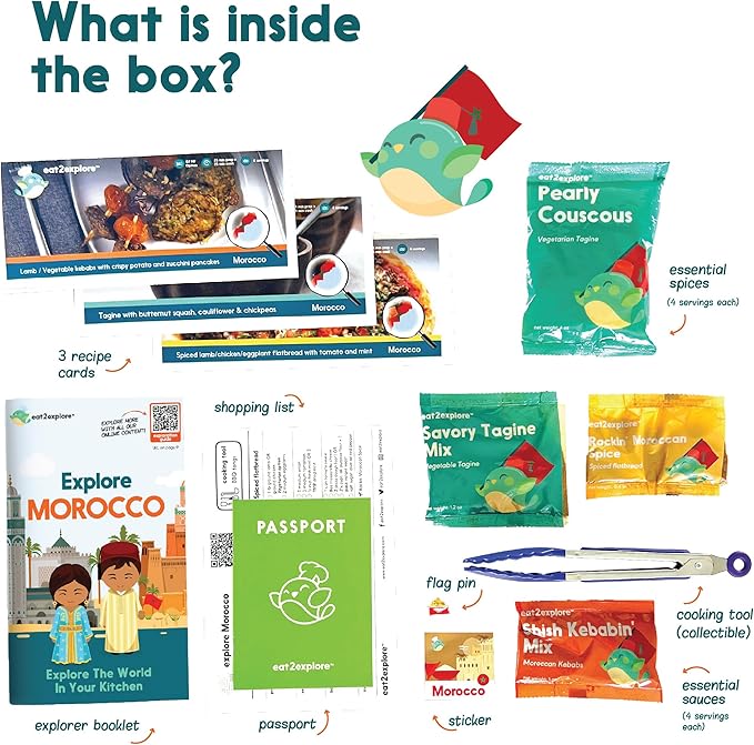 eat2explore Cooking Kits for Kids – Interactive & Educational Kids Cooking Sets Real for Ages 5 and Up,3 Recipe Cards & Global Ingredients – Fun Gift for Young Chefs (Morocco Edition)