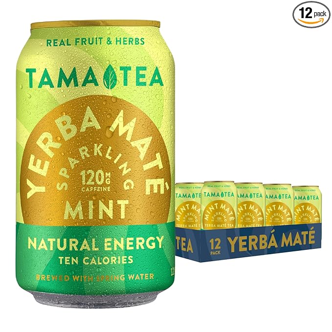 Sparkling Mint Yerba Mate by Tama Tea - Unsweetened Natural Energy Drink with Real Fruit & Herbs - Healthy Caffeine Drink Alternative - 120mg of Brain-Boosting Caffeine, 10 Calories - 12oz Pack of 12