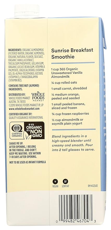 365 by Whole Foods Market, Organic Unsweetened Vanilla Almond Milk, 32 Fl Oz (Pack of 2)