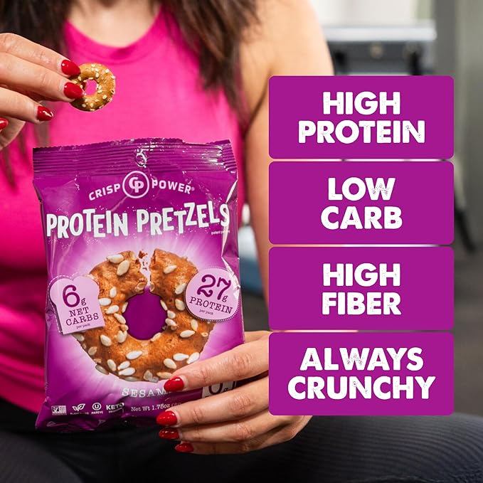 Crisp Power Protein Pretzels, Sesame, High Protein Vegan Keto Snack, 27 G Plant Based Protein, Low Carb Crunchy Pretzel Snacks, No Added Sugar, No Seed Oils, 1.75 oz Bags, 24 Pack