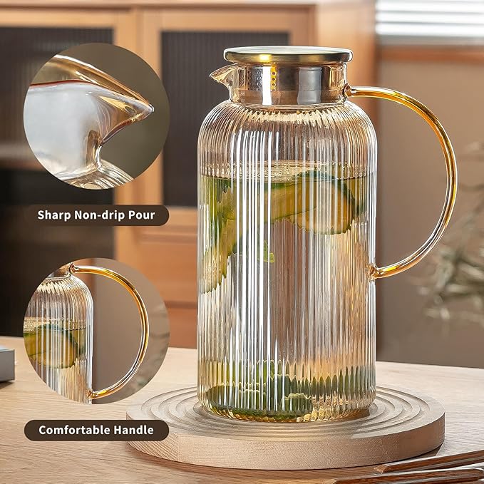 Glass Pitcher with Lid, 2 PACK 84 oz/ 2.5 Liter Amber Classic Vertical Stripes Water Pitcher,Glass Water Carafe for Cold Brew, Coffee, Lemonade, Iced Sun Tea,Beverage, Milk, Heat Resistant