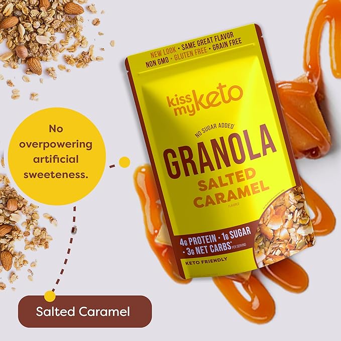 Kiss My Keto Sugar Free Granola, Salted Caramel 4-Pack – Curb Cravings with Few Net Carbs – Allulose Sweetened, Resealable & Gluten-Free Crunchy Clusters – Grain Free Granola Great With Yogurt or Milk