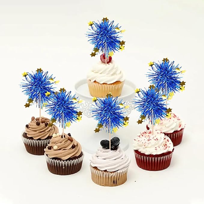 30 PCS Foil Firework Cupcake Toppers Happy Birthday Star Cupcake Picks Sparkle Tinsel Drink Stirrers Cocktail Fruit Toothpicks for Valentine's Day Wedding Birthday Party Decorations Supplies Blue