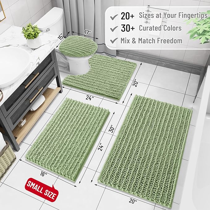 Arotive Luxury Chenille Bathroom Rug Mat, Extra Soft Thick Absorbent Shaggy Bath Rugs, Non-Slip Machine Wash Dry, Plush Bath Mats for Bathroom, Shower and Tub, 44x32, Sage Green