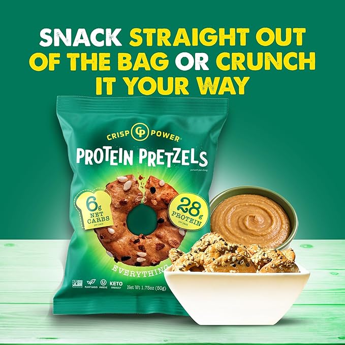 Crisp Power Protein Pretzels, Everything, High Protein Vegan Keto Snack, 28 G Plant Based Protein, Low Carb Crunchy Pretzel Snacks, No Added Sugar, No Seed Oils, 1.75 oz Bags, 24 Pack