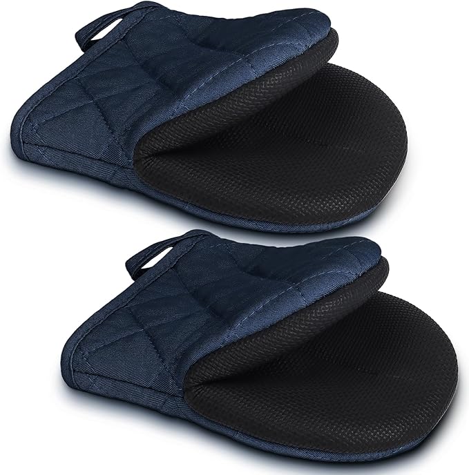 1 Pair Short Oven Mitts - Silicone Kitchen Oven Gloves High Heat Resistant 500℉, Mini Oven Mits with Non-Slip Grip Surfaces and Hanging Loop for BBQ, Baking, Cooking and Grilling (Dark Blue)