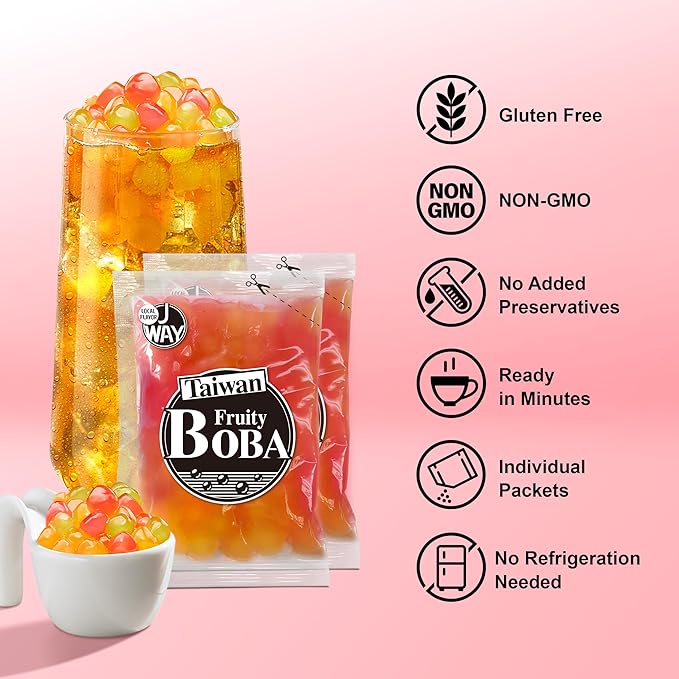 J WAY BOBA Authentic Instant Tapioca Boba Pearls for Milk Tea, Smoothies and Desserts, Tropical Fruit Flavor (Ready in Just 20 Seconds) - 4 Servings