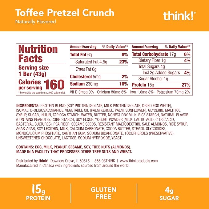 Think! High Protein Crispy Squares Toffee Pretzel Crunch Treat (10 Pack)