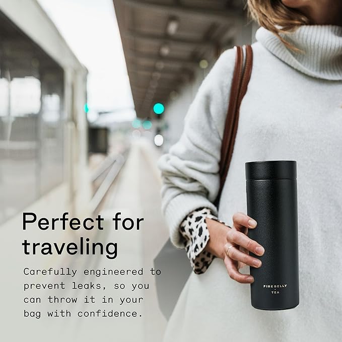 Firebelly Tea, Travel Tea Infuser Mug with Strainer, Insulated Tumbler for Loose Leaf Tea or Coffee, Leakproof Bottle for Hot or Iced Drinks, Stainless Steel Thermos with Lid, Noir