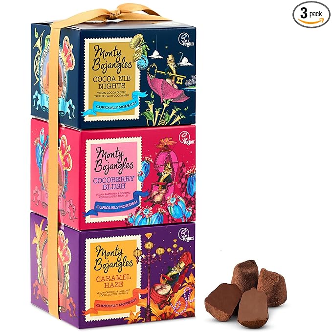 Monty Bojangles Vegan Cocoa Dusted Chocolate Truffles Gift Tower (3x3.5oz) - 3 Different Flavors Luxury Chocolatey Truffles Gift Set, Award Winning Truffle, Vegan Chocolate Box With Bespoke Design