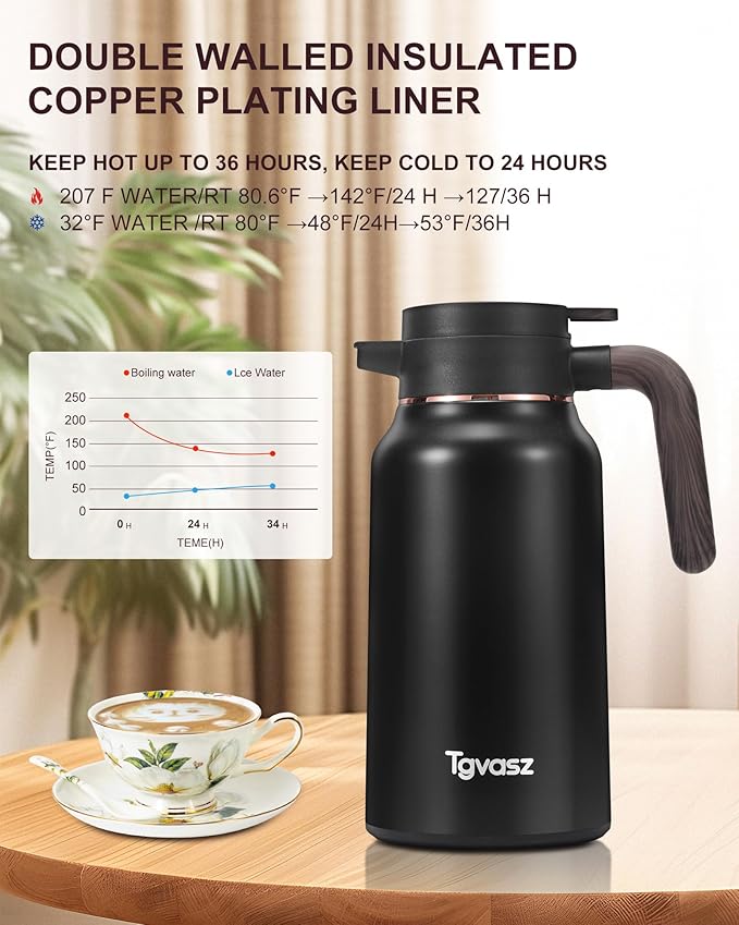 34 Oz Carafes for Hot Liquid, Stainless Steel Insulated Vacuum Thermal Coffee Carafes For Keeping Hot, 1 Liter Coffee Dispenser（Black)