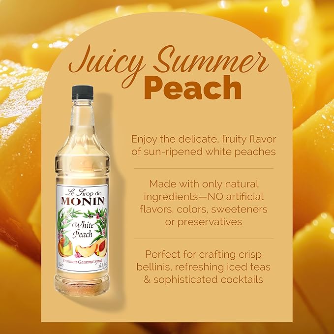 Monin - White Peach Syrup, Juicy Ripe Peach Flavor, Perfect for Cocktails, Mocktails, Iced Teas, & Smoothies, Gluten-Free, Non-GMO (1 Liter)