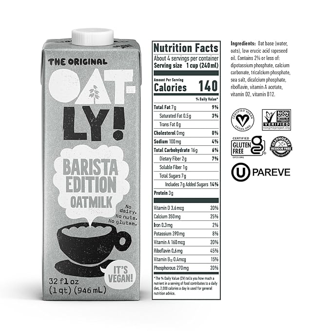 Oatly Barista Edition Oat Milk - Crafted for Coffee | Dairy-Free, Plant-Based, Shelf-Stable Milk that makes Perfect Foam (32 oz, 6-pack)