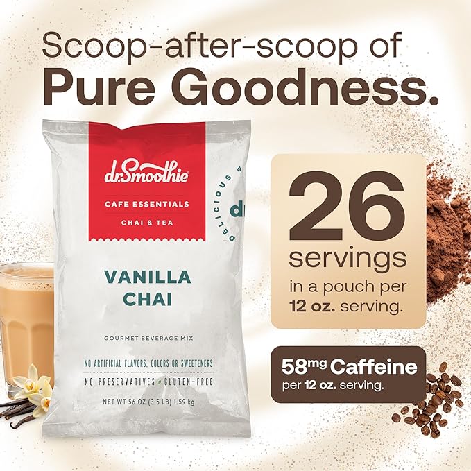 Dr. Smoothie Café Essentials Vanilla Chai – No Artificial Colors, Flavors, or Sweeteners – Shelf Stable – 58mg of Caffeine per Serving – Great for Hot, Iced, & Frozen Frappes (3.5 lb Bag, 26 Servings)