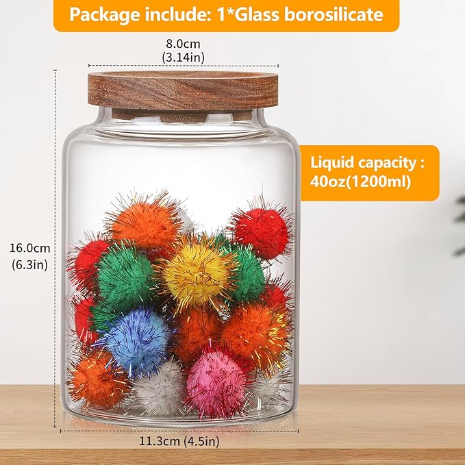 Glass Candy Jar with Lid Glass Sugar Containers Kitchen Canisters Pantry Food Storage Container for Cookies Coffee Bean Cereal Flour Cookies(40oz(1200ml)-1 pack)