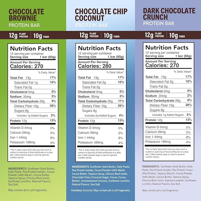 Amrita Nut Free Variety Pack Vegan Protein Bars (12 Count PK of 3) | 11g to 12g Plant-Based Protein Bar | Peanut Free, Gluten Free, and Dairy Free | Low Sugar, High Fiber, Healthy School-Safe Snacks