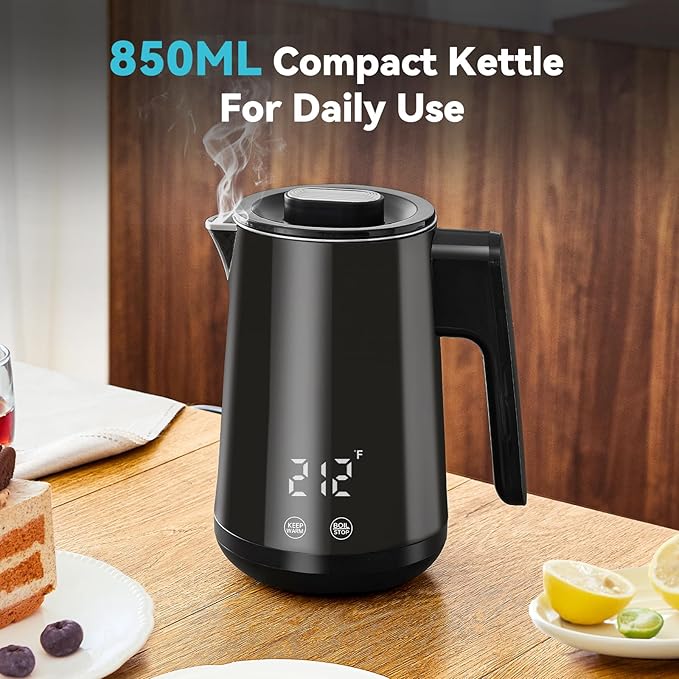 850ml Small Electric Kettle Temperature Control,800W Double Wall Electric Tea Kettle of 304 Stainless Steel,5 Temp Presets,Hot Water Kettle Electric,Auto Shut Off for Tea and Coffee-Black