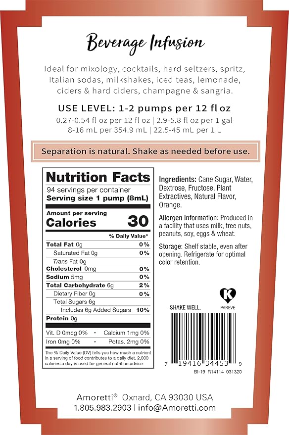 Amoretti - Blood Orange Beverage Infusion Drink Mix & Water Enhancer with Pump for Flavoring Cocktails, Waters, Teas, and other Beverages, 94 Servings Per Bottle (750 ml), Preservative Free