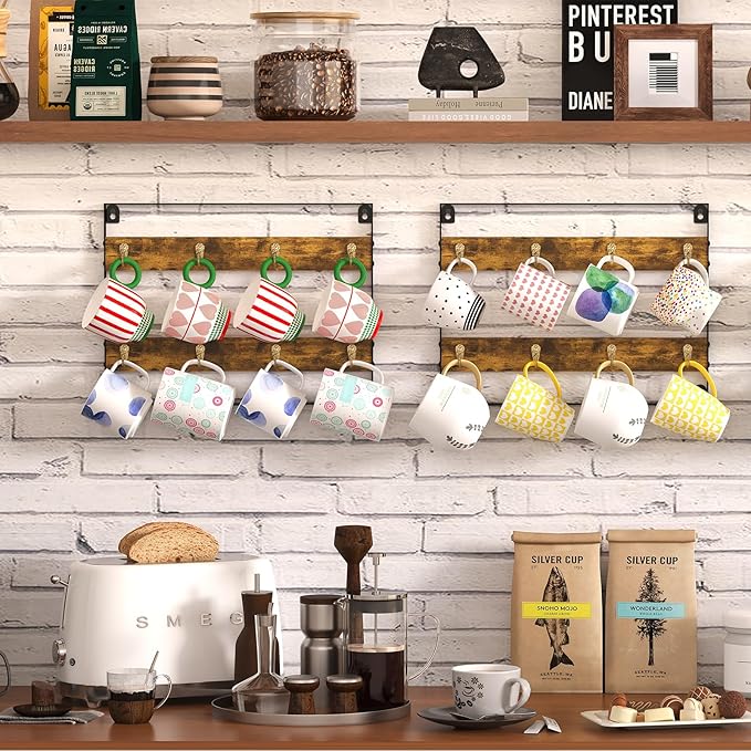 Coffee Mug Holder Rack Organizer - Wall Mounted Rack to Hold Up to 16 Mugs (2Pack), Rustic Wood Cup Organizer Rack & Display Shelf for Kitchen, Coffee Bar, Home, Office