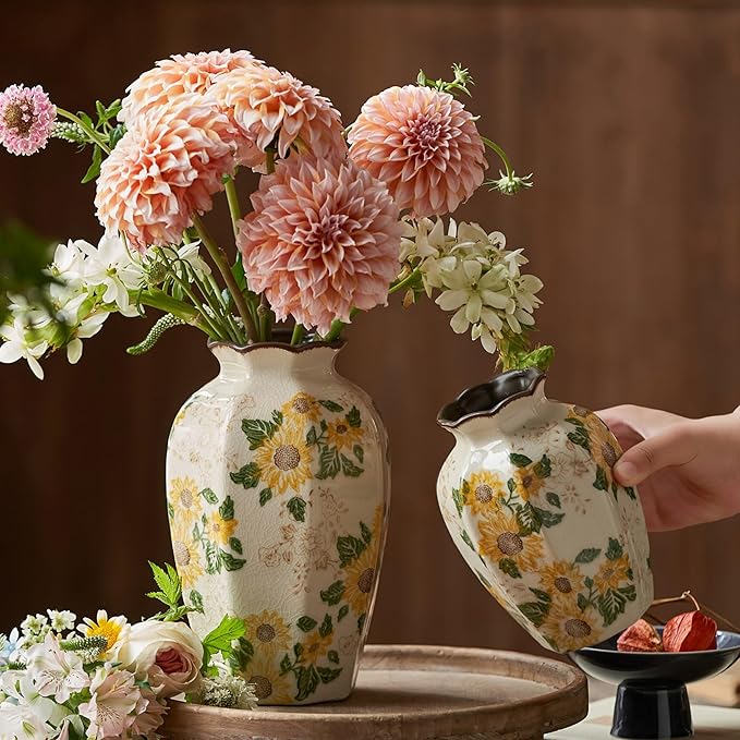 Vintage Pastoral Octagonal Vase, 9.3 Inch Ceramic Sunflower Flower Vases, Rustic Farmhouse Antique Chinoiserie Floral Vase for Wall Art Bedroom and Shelf Home Decor (Octagonal)