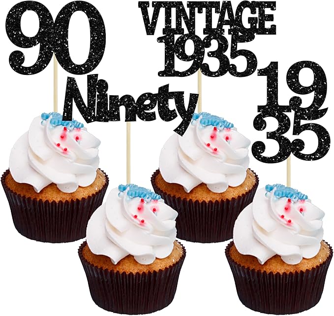 Gyufise 24Pcs Vintage 1935 Cupcake Toppers Glitter Cheers to 90 Fabulous Ninety Cupcake Picks 90th Birthday Wedding Anniversary Party Cake Decorations Supplies Black