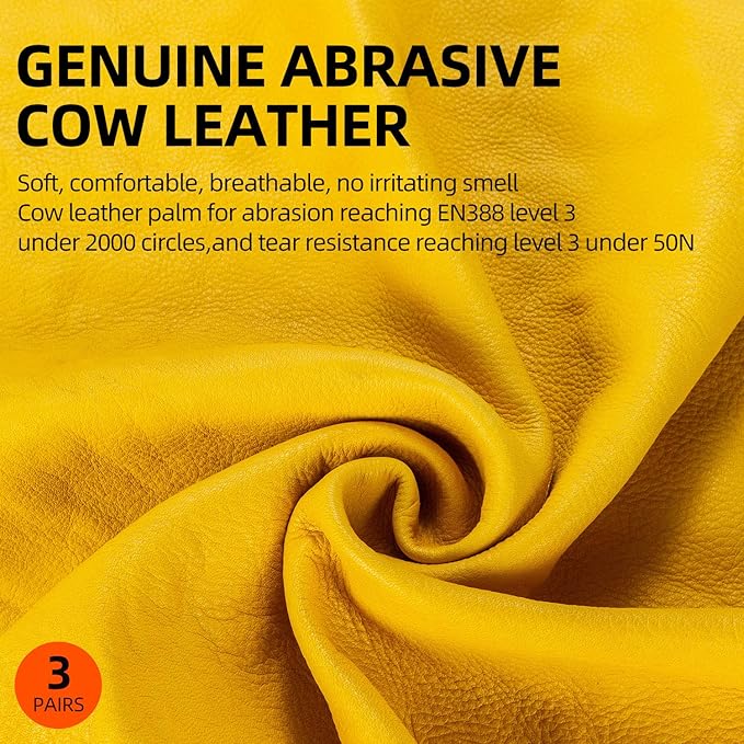 Vgo 3-Pairs Unlined Cow Grain Leather Work and Driver Gloves with Cow Split Leather Palm Patch (Size XL, Gold,CA9590)