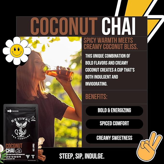 Revival Tea Company Coconut Chai Tea - Black Tea Blend with Fresh Spiced Chai and Coconut Flavor - 24 Tea Bags