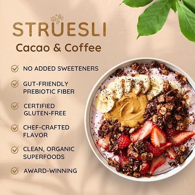 Struesli Cacao + Coffee Organic Granola, Grain & Gluten Free, Healthy Snacks with Cacao, Coffee, Tiger Nuts, Pecans, Walnuts, Hemp Hearts & Coconut Flakes, Plant Based, Keto & Paleo Friendly, 32 Oz