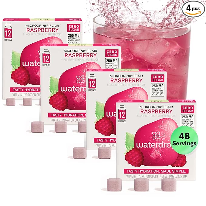 Waterdrop Hydration Cubes with Vitamin C, B Vitamins, and Electrolytes, Raspberry Flavor, Flavored Water Enhancer Cubes for Still & Sparkling Water, Low Calorie, Sugar Free Electrolytes, 48 Count