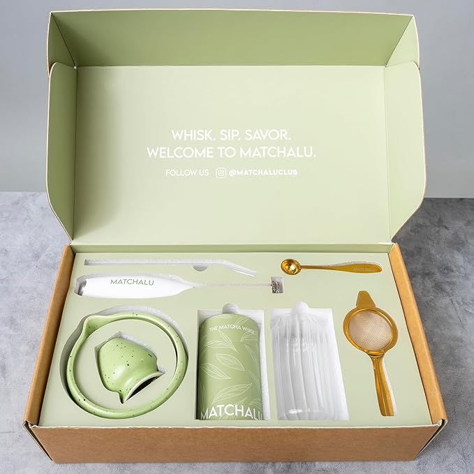 Premium 9 Piece Matcha Set Includes Ceramic Matcha Bowl, Bamboo Whisk & Holder, Stainless Steel Spoon & Sifter, Glass Cup & Straw, Electric Frother, Storage Bag - Gift for Matcha Lovers (Green)
