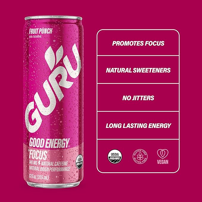GURU Fruit Punch Organic Energy Drinks, Clean Energy Drink with Plant Based Natural Caffeine from Green Tea + Focus with L Theanine, Gluten Free and Vegan, 140MG Caffeine, 12oz (Pack of 12)