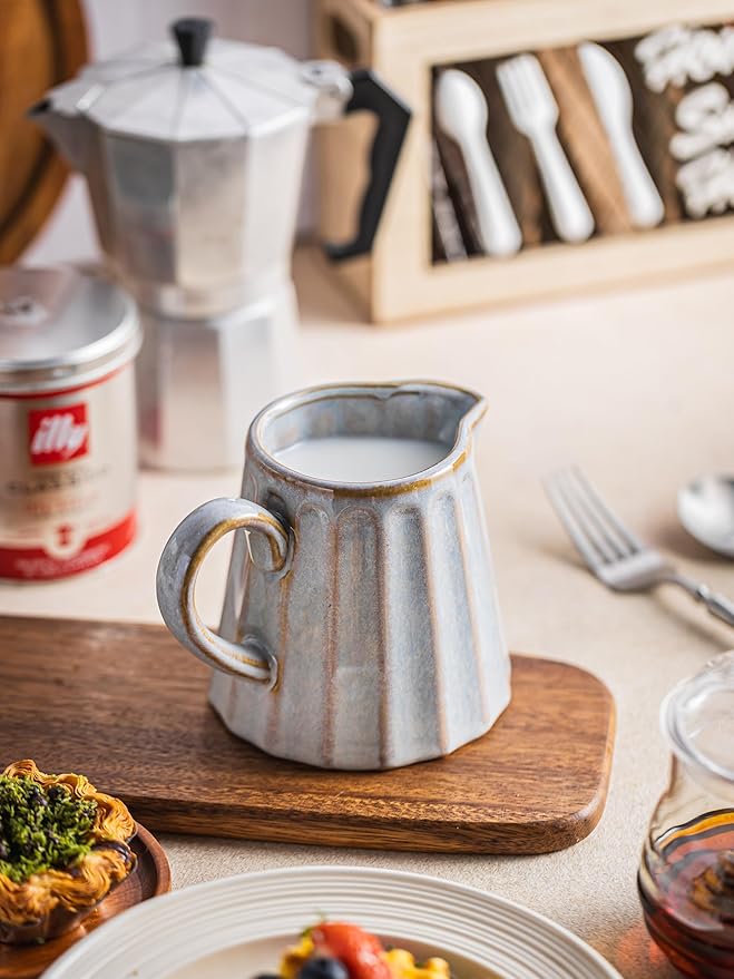 Ceramic Creamer Pitcher,17 Oz Coffee Creamer Container with Handle, Small Milk Pitcher Pourer for Sauces, Salad, Gray