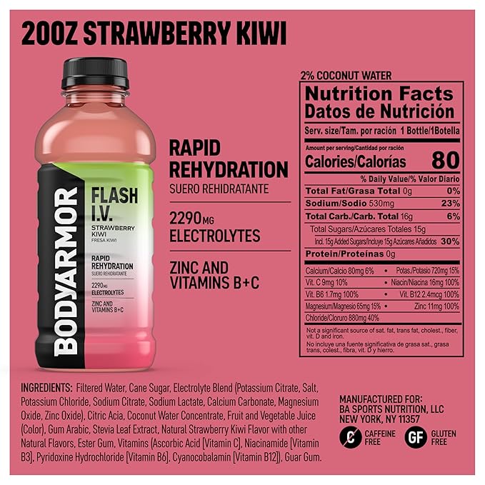 BODYARMOR Flash I.V. Electrolyte Beverage, Strawberry Kiwi, Hydration Drink with Coconut Water For Rapid Rehydration, Post Workout Recovery, 20 Fl Oz (Pack of 12)