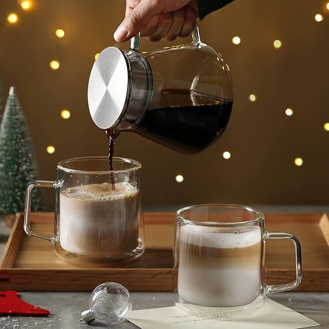 CNGLASS 15.2oz Glass Coffee Mugs,Double Wall Insulated Glass Mugs with Handle,Clear Espresso Mugs for Latte,Cappuccino,Tea Bag,Set of 2
