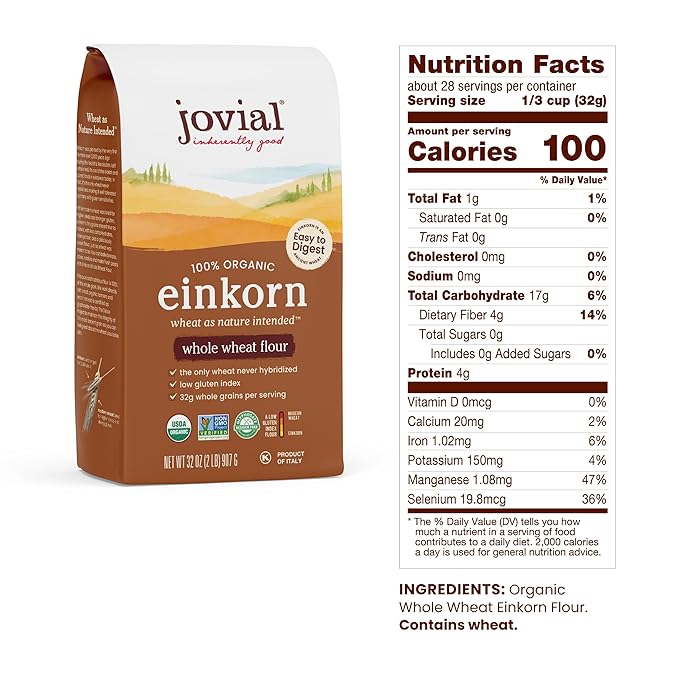 Jovial Organic Einkorn Whole Wheat Flour - Bread Baking Flour for Sourdough, High Protein, Non-GMO, For Organic Pizza & Pasta, European Italian Made, Glyphosate Free - 32 Oz, 2 Pack