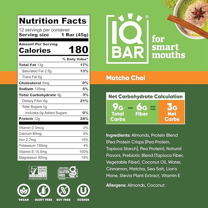 IQBAR Brain and Body Plant Protein Bars - Matcha Chai - 24-Count - Keto, Vegan, Low Carb, High Fiber, Gluten Free, Dairy Free, Low Sugar Snack with Nutrients for Focus, Energy, Meal Replacement