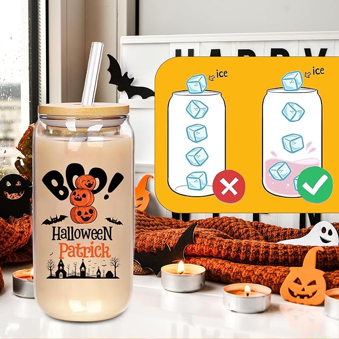 Personalized Halloween Tumbler-Boo Basket Stuffers- Can Shaped Glass with Lids and Straws18OZ -Halloween Gifts for Men Women Kids Son Daughter