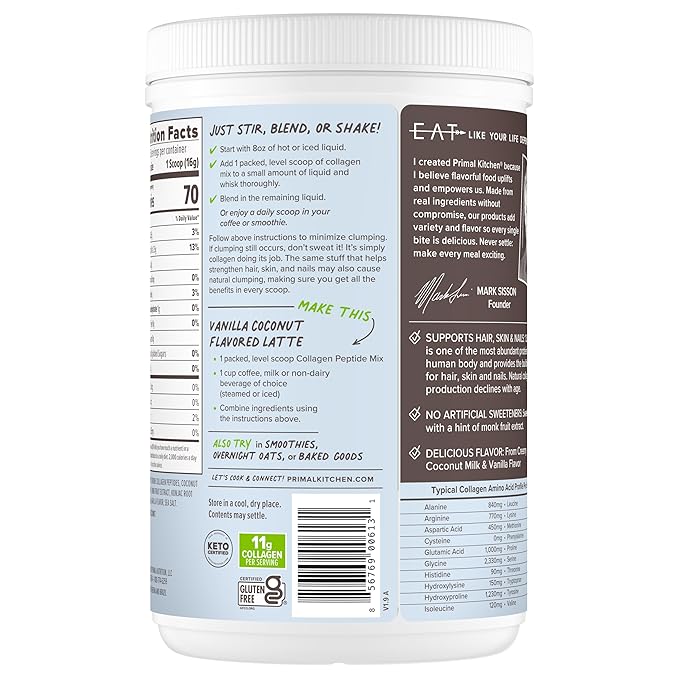 Primal Kitchen Vanilla Collagen Fuel® Drink Mix, Vanilla Coconut Collagen Peptides, No Dairy or Artificial Sweeteners, 14.4 Ounces