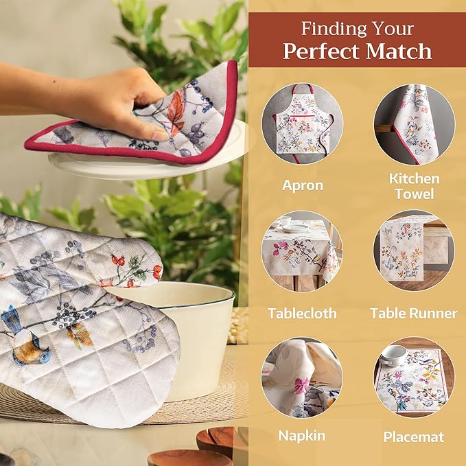 Maison d' Hermine 100% Cotton Oven Mitt & Pot Holder Set (7.5"x13" & 8"x8") Heat Resistant BBQ Cooking Gloves with Loop, Baking, Grilling, Kitchen, Handling Hot Pans (Equinoxe - Beige)