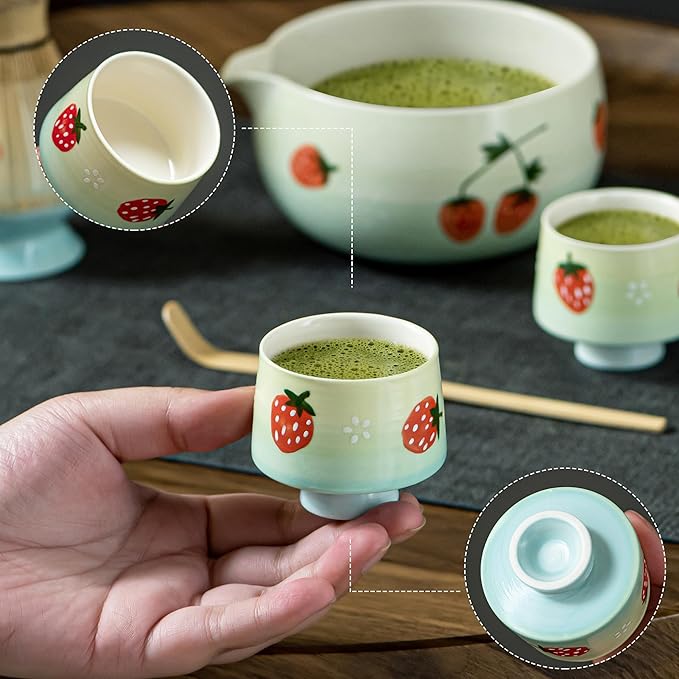 Matcha Whisk Set, Cute Strawberry Matcha Bowl Set with 2 Cups, Bamboo Whisk, Scoop & Holder, Matcha Kit Gift for Tea Lovers and Tea Ceremony, Birthday, Anniversary
