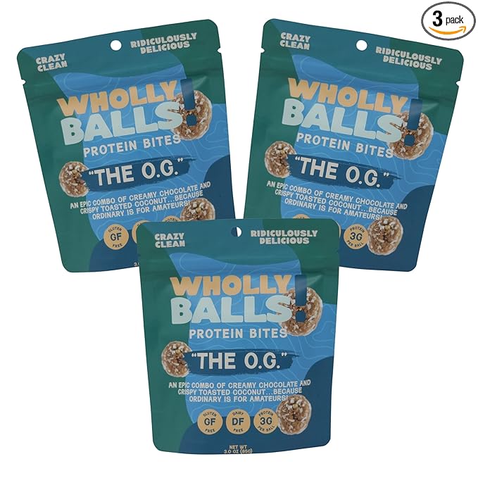 Wholly Balls Protein Bites – Healthy Plant-Based Snack | High Protein, Low Sugar, Gluten-Free Energy Balls (Pack of 3, O.G)