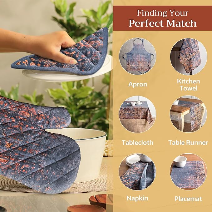 Maison d' Hermine 100% Cotton Oven Mitt & Pot Holder Set (7.5"x13" & 8"x8") Heat Resistant BBQ Cooking Gloves with Loop, Baking, Grilling, Kitchen, Handling Hot Pans (Imperfection)