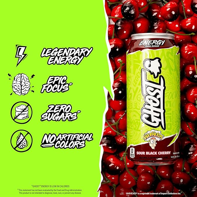 GHOST Energy Drink - 12-Pack, Warheads Sour Black Cherry, 16oz - Energy & Focus & No Artificial Colors - 200mg of Natural Caffeine, L-Carnitine & Taurine - Gluten-Free & Vegan