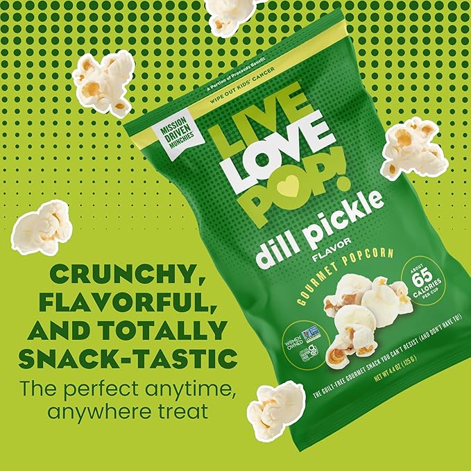 Live Love Pop Dill Pickle Flavored Gourmet Popcorn, 1.0 Oz (Pack of 12), Individual Snack Size Bags, Healthy Snack, Gluten Free, Vegan & Non-GMO, Mission Driven Munchies