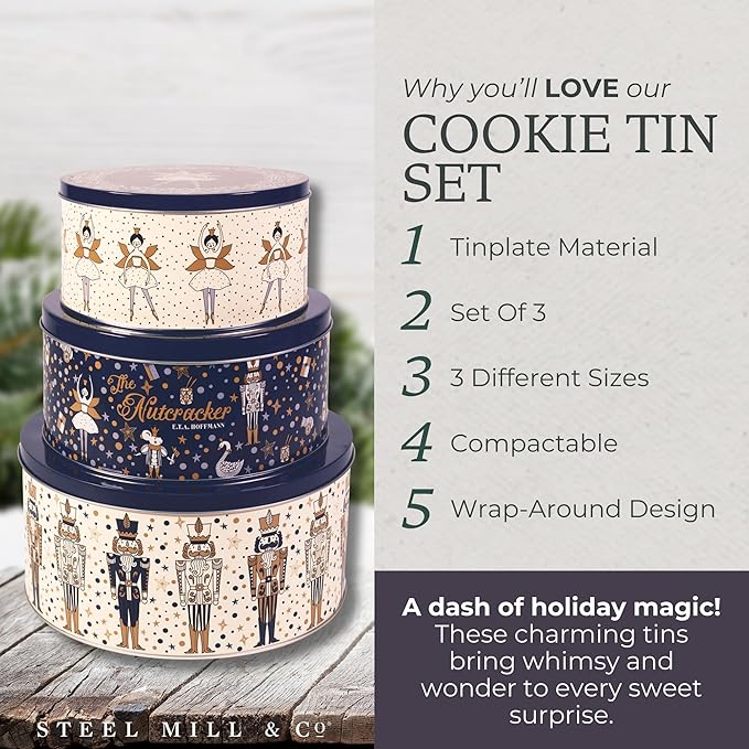 Steel Mill & Co Tin Containers with Lids, 3 Pack Christmas Cookie Tins, Festive Cookie Tins for Gift Giving & Holiday, Large Medium Small (The Nutcracker)