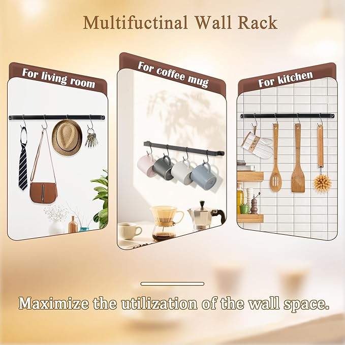 AJART Coffee Mug Rack Wall-Mounted: 12-Hook Cup Holder - Ideal for Coffee Bars & Apartment Kitchens - Space-Saving Solution - 1 Pack