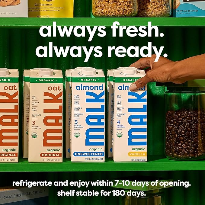 MALK Almond Milk Unsweetened (32oz, Pack of 6) - Shelf Stable Organic Almond Milk, Non GMO, Whole 30, Dairy Free, Vegan, Plant Based, No Gums or Fillers - Malk for Smoothies, Cereal, Coffee,Creamer