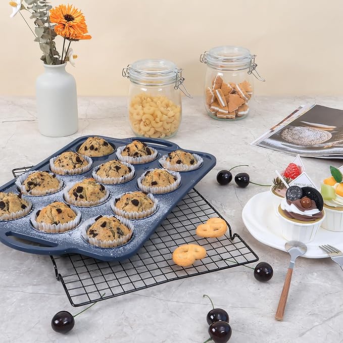2 pack Silicone Muffin Pan with Metal Frame, Non Stick Silicone Cupcake Pan with Handles Regular 12 Cup, BPA Free Silicon Muffin Tin Tray for baking, egg bites, Cupcake Mold Grey